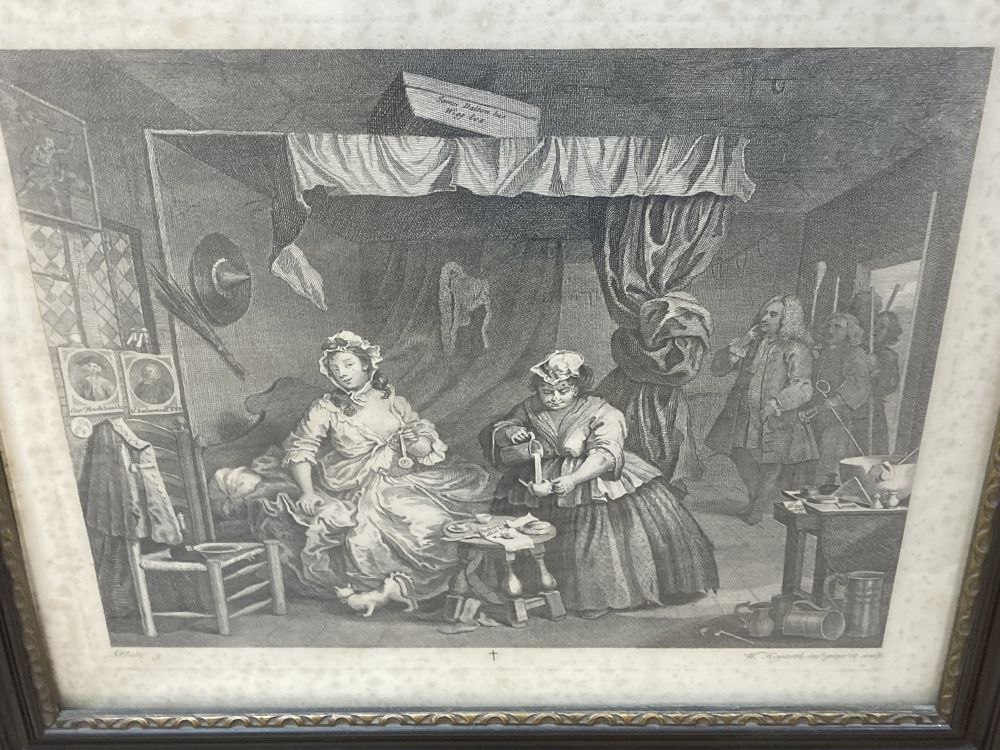 After William Hogarth, set of six engravings, The Harlots Progress, overall 37 x 44cm